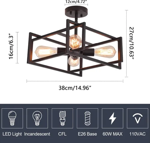 Vista 8 de Lámpara de techo semiempotrada de metal, lámpara de techo industrial negra de 4 luces, estilo rústico, vintage, para cocina, isla, pasillo, comedor