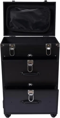 Vista 3 de Estuche de tren de maquillaje rodante de 3 capas, estuche de maquillaje profesional con ruedas y cerradura, estuche organizador de maquillaje