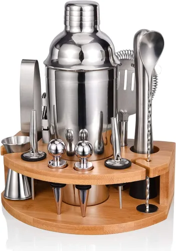 Vista 8 de Kit de Barman con elegante soporte de bambú, juego de coctelera de 12 piezas de 25 onzas para bebidas mixtas, juego de herramientas profesionales