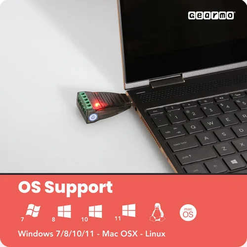 Vista 8 de Gearmo - Convertidor USB a RS485 con indicadores LED, chipset FTDI, conectores de terminales, protección ESD, soporte de SO ancho, compatible