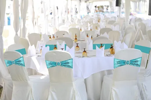 Vista 5 de Bandas para Sillas con Lentejuelas Elásticas Lazos de Spandex Poliéster para Fiestas Hotel Bodas Banquetes Decoración - 6 Piezas Aqua