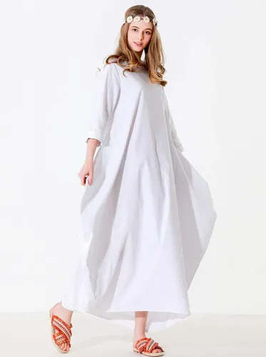 Vista 4 de Wincolor - Vestido largo para mujer, talla 34, cuello redondo, mezcla de lino de algodón, ajuste holgado, casual, maxi largo