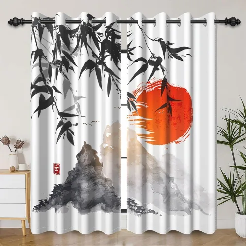 Vista 47 de Cortinas japonesas con pintura de tinta, monte Fuji, sol rojo, puesta de sol, hojas de bambú, cortinas de ventana para dormitorio, sala de estar
