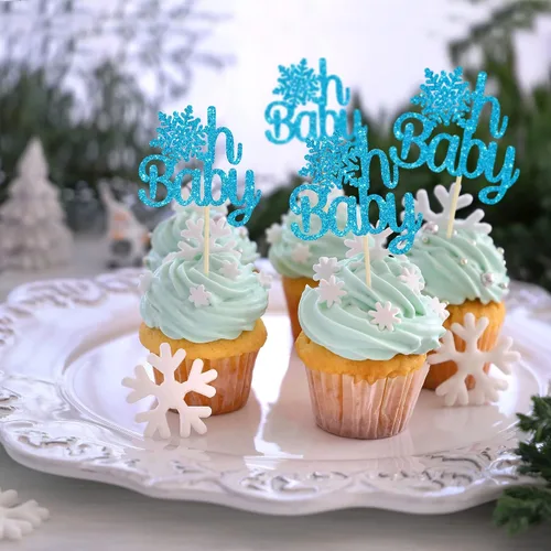 Vista 6 de Gyufise Paquete de 24 adornos de copos de nieve Oh Baby para cupcakes con purpurina azul Frozen Oh Baby Pick Decoraciones para baby shower