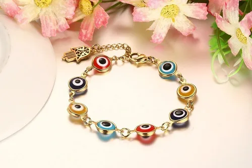 Vista 3 de Blowin Pulsera de acero inoxidable multicolor contra el mal de ojo pulsera de mano de Fátima Hamsa pulseras con encanto, Acero inoxidable