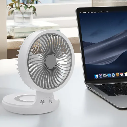 Vista 3 de mollie Ventilador de escritorio USB recargable pequeño de 8 pulgadas, funciona con pilas, con velocidades para el hogar, oficina, dormitorio, mini