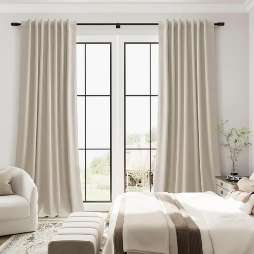 Vista 113 de Guken Cortinas opacas de lino, 2 paneles rústicos, elegantes, 100% opacas, con aislamiento térmico, banda de ganchos y trabilla trasera, 52 x 84