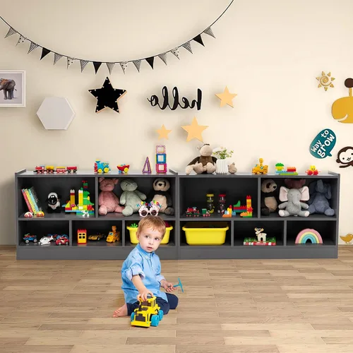 Vista 9 de MEDIMALL Organizador de almacenamiento de juguetes para niños de 5 cubos, estante de almacenamiento de madera de 2 niveles para libros y juguetes