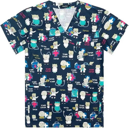 Vista 9 de Uniforme de enfermera de impresión de dibujos animados para mujer, manga corta, uniforme de trabajo de enfermería, uniforme, blusa de algodón 62056