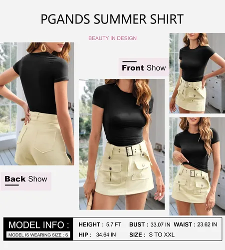 Vista 4 de PGANDS Camiseta corta de manga corta de verano para mujer, cuello redondo, básica, lisa, Y2K, ajustada
