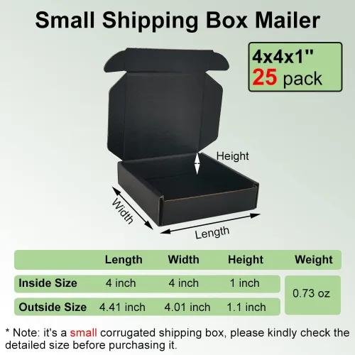 Vista 2 de Paquete de 25 cajas de envío pequeñas de 4 x 4 x 1 pulgadas, sobres de cartón corrugado negro para negocios de embalaje por correo (BK441-25)
