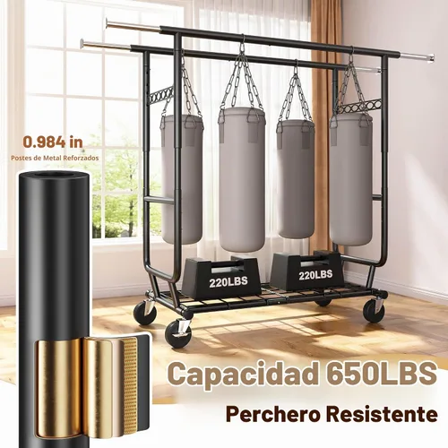 Vista 4 de Raybee Perchero de Ropa Carga 630LBS, Perchero de Ropa Resistente, Percheros Rodantes de Ropa para Colgar Ropa con Ruedas, Perchero de Ropa Negro