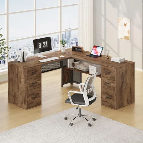 Vista 11 de HSH Escritorio negro en forma de L con cajones, escritorio de esquina con Roble negro