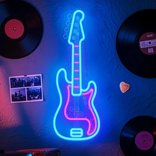 Vista 2 de CoolGift Mart Letrero de neón de guitarra bajo, luz LED regulable de guitarra bajo para decoración de habitación con alimentación USB, decoraciones
