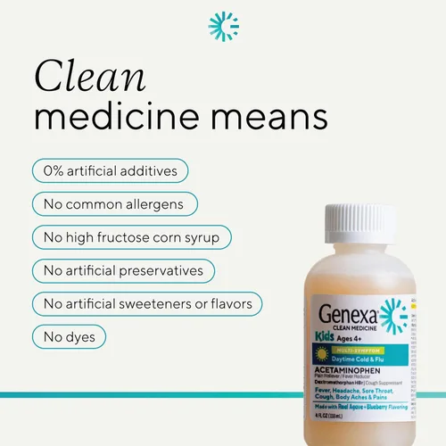 Vista 5 de Genexa Alivio Limpio del Resfriado y la Gripe Día/Noche Multisíntoma para Niños, Sin Colorantes, 0% Aditivos Artificiales, Medicina Líquida