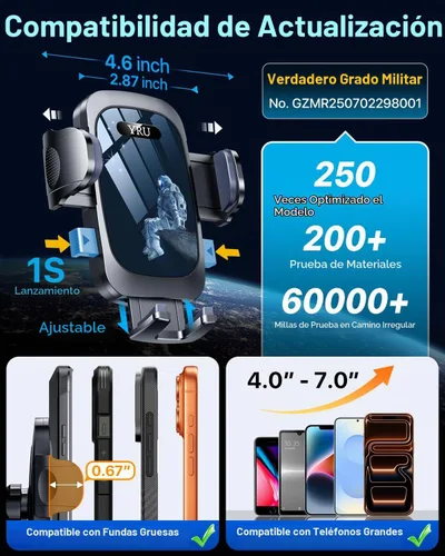 Vista 8 de YRU Soporte de teléfono celular para salpicadero de automóvil, con patente y grado militar, soporte de teléfono celular para ventilación de Negro