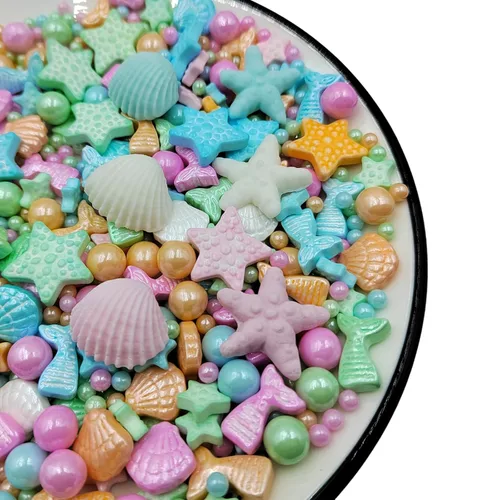 Vista 19 de Homankit Gránulos de dulces de sirena para hornear, postre, magdalenas, decoración de pasteles, estrella de mar, concha de mar, perla y sirena Azul