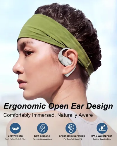 Vista 2 de Auriculares de oreja abierta, auriculares inalámbricos Bluetooth con 2 micrófonos, control táctil, cancelación de ruido ENC, auriculares deportivos