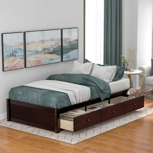 Vista 3 de Merax Marco de cama de madera con 3 cajones, cama de día individual Storge con soporte de listones de madera, ahorro de espacio, cereza