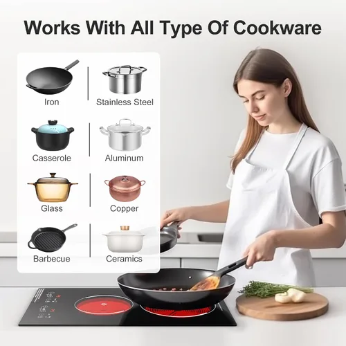 Vista 4 de Placa de cocina eléctrica, integrada y de encimera de 2 quemadores eléctricos para cocinar, 2400W 110V, 11 configuraciones de potencia, temporizador