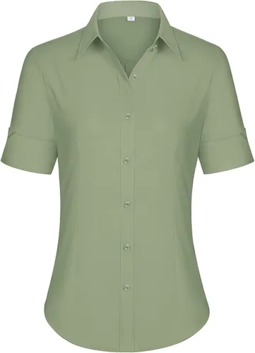 Vista 8 de siliteelon Camisas de vestir de manga corta con botones para mujer, camisas de algodón con botones para mujer, blusa ajustada de manga 3/4