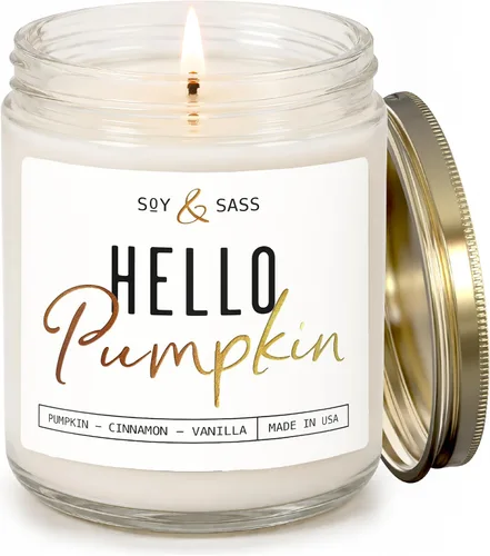 Vista 14 de Vela de especias de calabaza, velas de otoño, vela de calabaza 'Hello Pumpkin', velas de soja perfumadas de otoño para el hogar, velas perfumadas