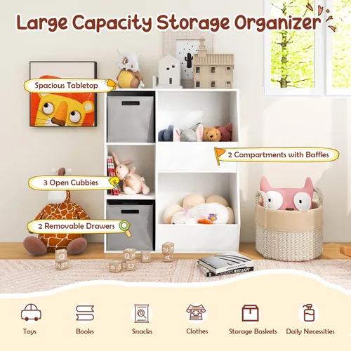 Vista 5 de HONEY JOY Organizador de almacenamiento de juguetes para niños con 5 cubículos, estantería y estantería para niños con 2 cajas de almacenamiento