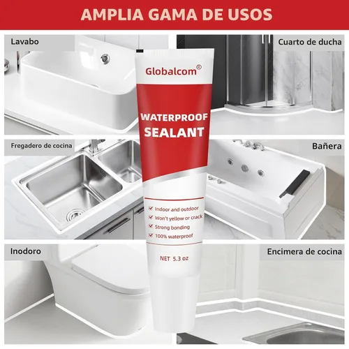Vista 3 de Globalcom Calafateo de silicona avanzado para cocina y baño, sellador de silicona impermeable para uso interior y exterior, adherencia más fuerte a