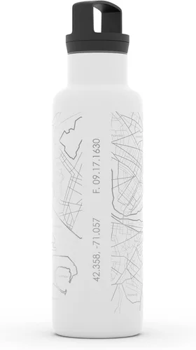 Vista 3 de Well Told Botella de agua aislada con mapa de Boston Massachusetts grabado, botella de acero inoxidable grabada (21 onzas, blanco) botella aislada