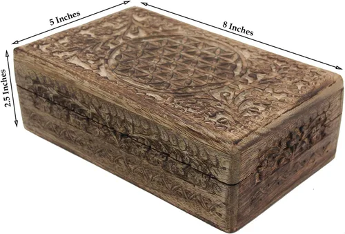 Vista 8 de DharmaObjects Caja de almacenamiento de madera tallada a mano con flores de la vida (natural, grande)