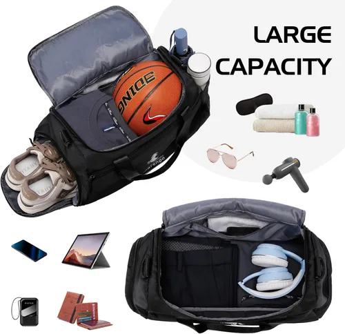 Vista 3 de Marengo Bolsa de gimnasio para hombres y mujeres, bolsa de gimnasio pequeña de 37 litros con compartimento para zapatos y húmedos, mochila de viaje
