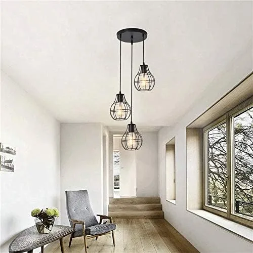 Vista 3 de Modern Black Pendant Light Fixtures, Mesh Metal Chandelier, Vintage Industrial 3 Heads Hanging Pendant Lamp for Kitchen Island Dining Room Farmhouse