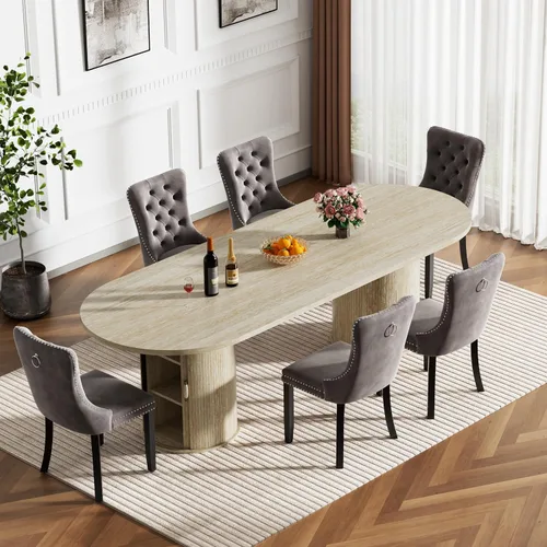 Vista 19 de Mesa de comedor redonda extensible con base de almacenamiento, mesa de comedor expandible natural de 63 a 94 pulgadas para 10 personas, mesa