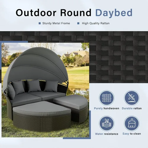 Vista 9 de Crownland Sofá cama redondo para patio con toldo retráctil, modular de mimbre con concha, muebles de mimbre para exteriores, sofá cama para patio
