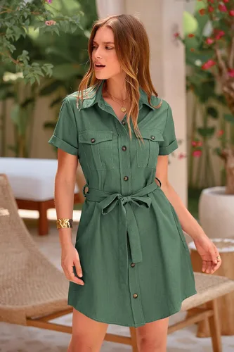 Vista 8 de PRETTYGARDEN Vestido casual de verano con botones para mujer, cuello en V, manga corta, con cinturón, bolsillo