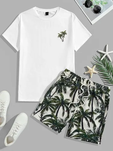 Vista 74 de GORGLITTER Conjunto de 2 piezas de camiseta gráfica de manga corta para hombre, estampado hawaiano con cordón y pantalones cortos