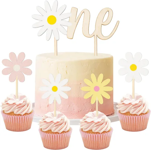 Vista 8 de Decoración para magdalenas de primer cumpleaños, 5 piezas de lindo pastel de margaritas fresas de madera, decoración de pastel para niños de un año