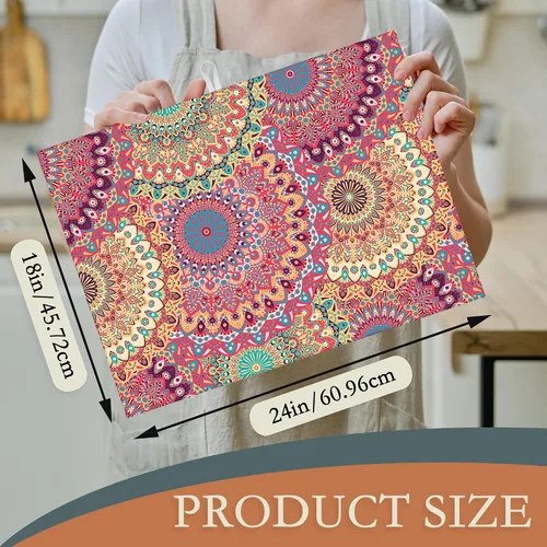 Vista 2 de Tapete de secado de platos con diseño de mandala, vintage, bohemio, floral, tapete de secado de platos, encimera de cocina, 18 x 24 pulgadas