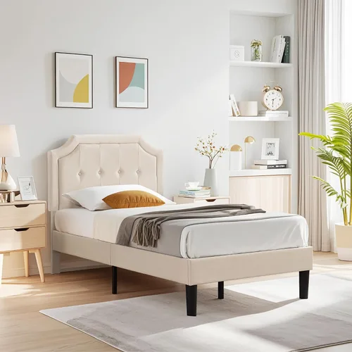 Vista 4 de VECELO - Base de cama tapizada con plataforma individual con cabecera ajustable de panel cosido con botones, fuerte soporte de listones de madera