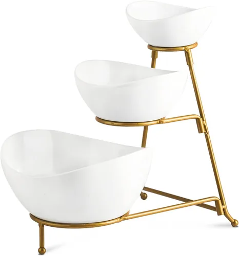 Vista 11 de YHOSSEUN Soporte de 3 niveles para servir con juego de 3 tazones ovalados de porcelana para servir con soporte de metal plegable más grueso