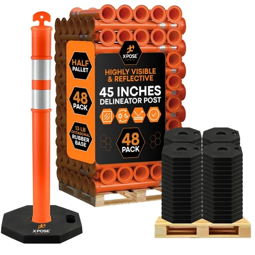 Vista 15 de Xpose Safety Postes de delineador naranja de 45 pulgadas con base, paquete de 3 – parte superior de anillo, banda reflectante de 10 pulgadas, base