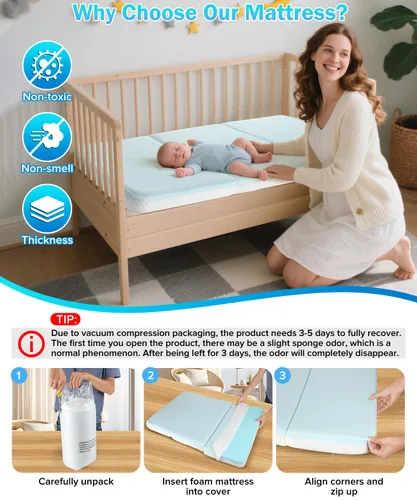 Vista 6 de Colchón impermeable para cuna estándar de 3 pulgadas, transpirable, 52 x 27.5 pulgadas Portable Full Size Crib Memory Foam Mattress for Toddler