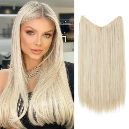 Vista 24 de SARLA Extensiones de cabello con alambre invisible de reflejos cortos rectas postizos sintéticos diadema transparente ajustable para mujeres 14