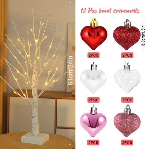 Vista 4 de Árbol de San Valentín, centro de mesa para el día de San Valentín, decoraciones iluminadas de San Valentín para oficina, hogar, mantel de San