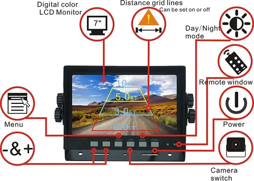 Vista 3 de AHD 1080P Sistema de cámara de visión trasera inversa con cable de 7 pulgadas, línea de guía, cámara de visión nocturna IR impermeable IP69K