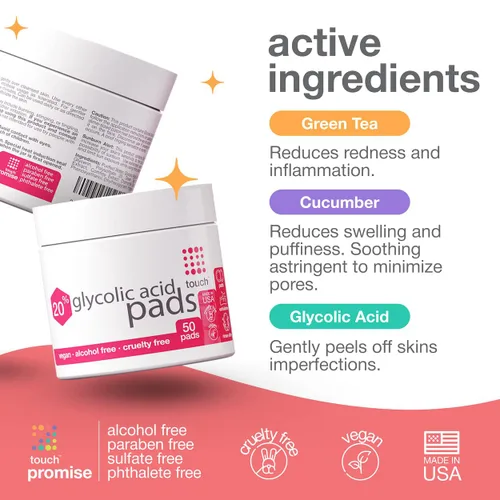 Vista 3 de TOUCH Almohadillas de ácido glicólico con 20 % exfoliantes y rejuvenecedores, toallitas faciales AHA, ideales para opacidad, poros, cicatrices