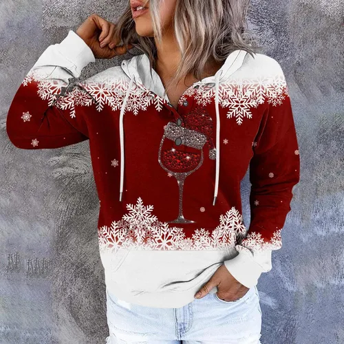 Vista 2 de Sudadera para mujer, con estampado de botones de Navidad, con capucha, cordón de Navidad, manga larga, bolsillo