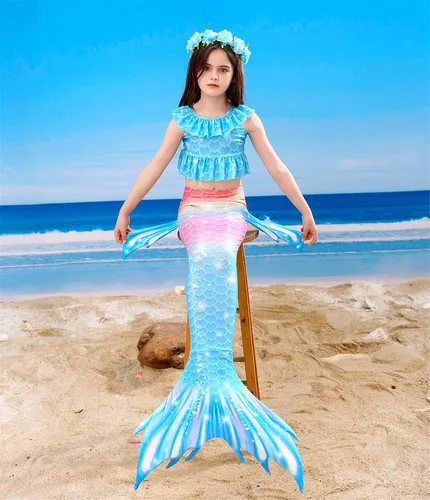Vista 2 de PURFEEL Disfraz de sirena para niñas, 4 piezas para niños
