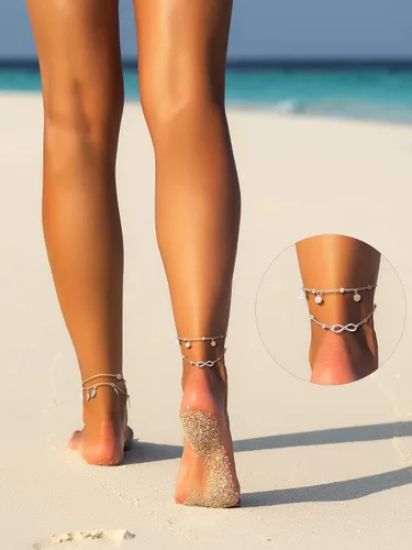 Vista 5 de Hicarer Juego de 16 pulseras de tobillo para mujeres y niñas, juego de tobilleras plateadas y doradas para niñas, tobilleras de playa bohemias