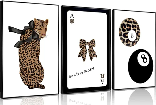 Vista 10 de Conjunto de 3 modernos pósteres de pared de leopardo en lona con bola de la suerte número 8, arte de pared elegante, decoraciones de pared